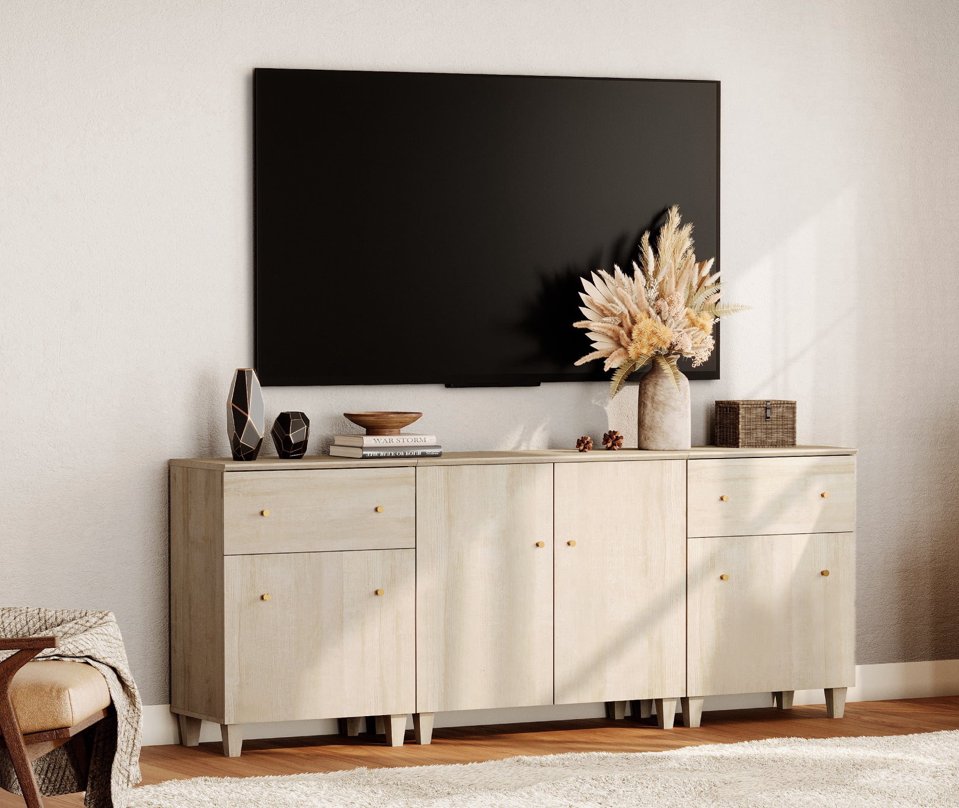 WAMPAT TV Stand for 85+ Inches TVs, 3-in-1 Modern Wooden Media Console with 2 Spacious Drawers and 3 Storage Cabinets for Living Room, Light Oak