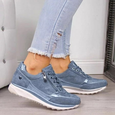 

Egmy Women Casual Pumps Thick Bottom Hot Drilling Zipper Lacing Sports Shoes