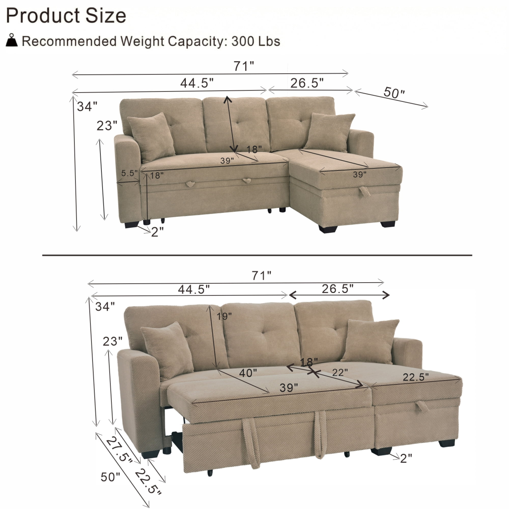 Leumius L Shaped Sectional Sofa with Pull Out Bed and Storage Chaise, 3 Seater Sectional Couch Convertible Sofa Bed for Small Space, Apartment & Guest Room, Camel