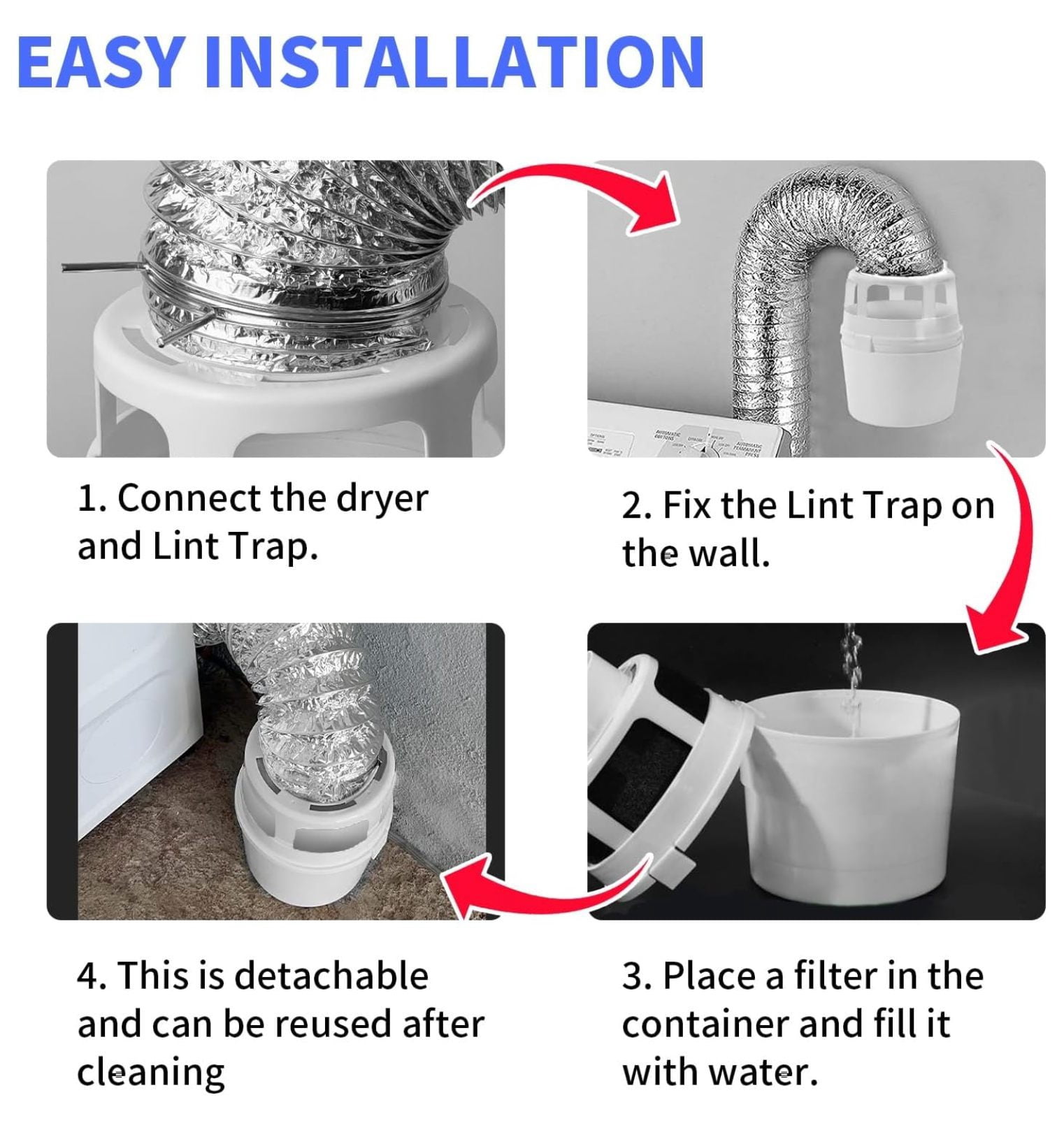 211 Dryer Lint Trap Indoor Dryer Vent Kit Filter Bucket with 4 Inch by 5 Feet Proflex Ducting Hose