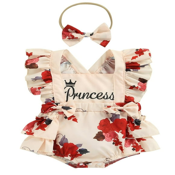 AMERTEER Newborn Baby Girls 2pcs Summer Outfits Set Flower Print Flying Sleeve Bodysuit Bow Headband Clothes Apricot 12-18 Months