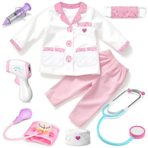 Doctor Costume for Kids Doctor Coat, Doctor Dress Up and Play Set 8 PCS with Real Stethoscope, Lab Coat Career Day Costume Kit for Toddlers Girls 3-12 - Pink