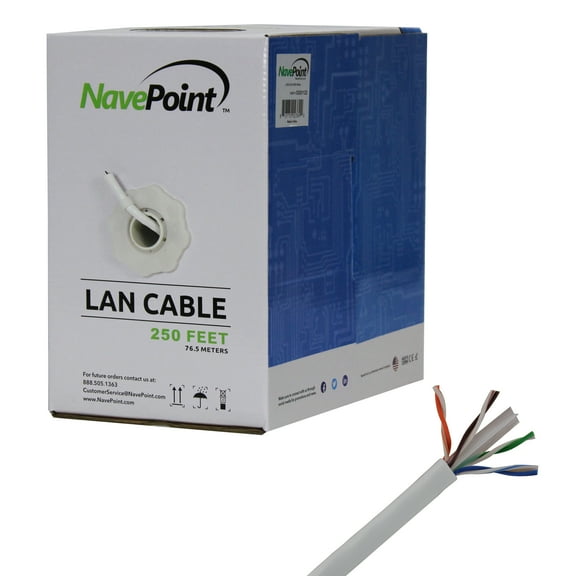 NavePoint CAT6 Ethernet Cable - CCA Bulk CAT6 Cable 250ft Ethernet Cable, 550MHz, 23AWG 4 Pair, Unshielded Twisted Pair (UTP), Solid White