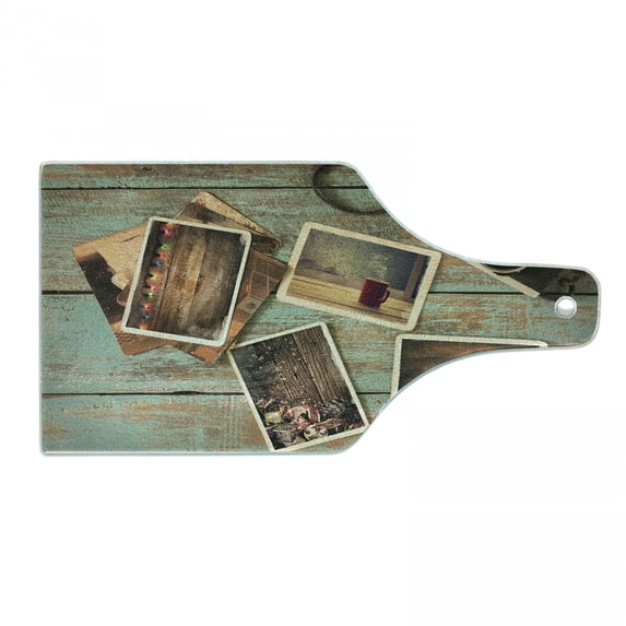 Collage Cutting Board, Retro Polaroid Photo Camera Warm Mug and Colorful Christmas Themed Frames, Decorative Tempered Glass Cutting and Serving Board, in 3 Sizes, by Ambesonne