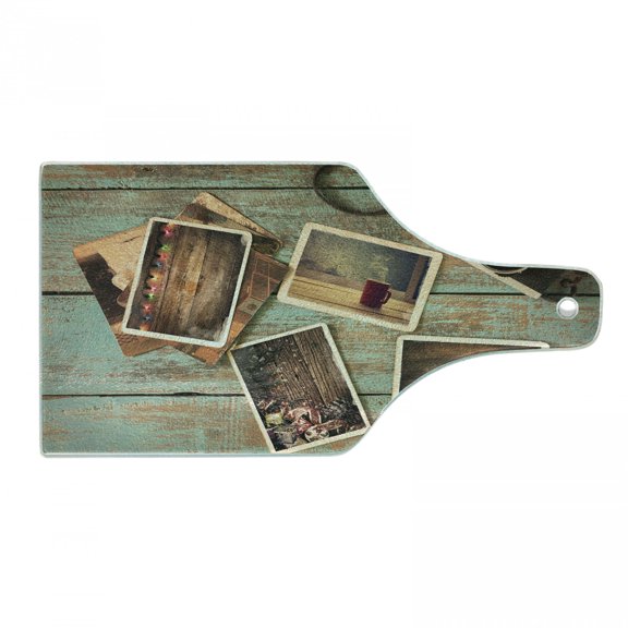 Collage Cutting Board, Retro Polaroid Photo Camera Warm Mug and Colorful Christmas Themed Frames, Decorative Tempered Glass Cutting and Serving Board, in 3 Sizes, by Ambesonne
