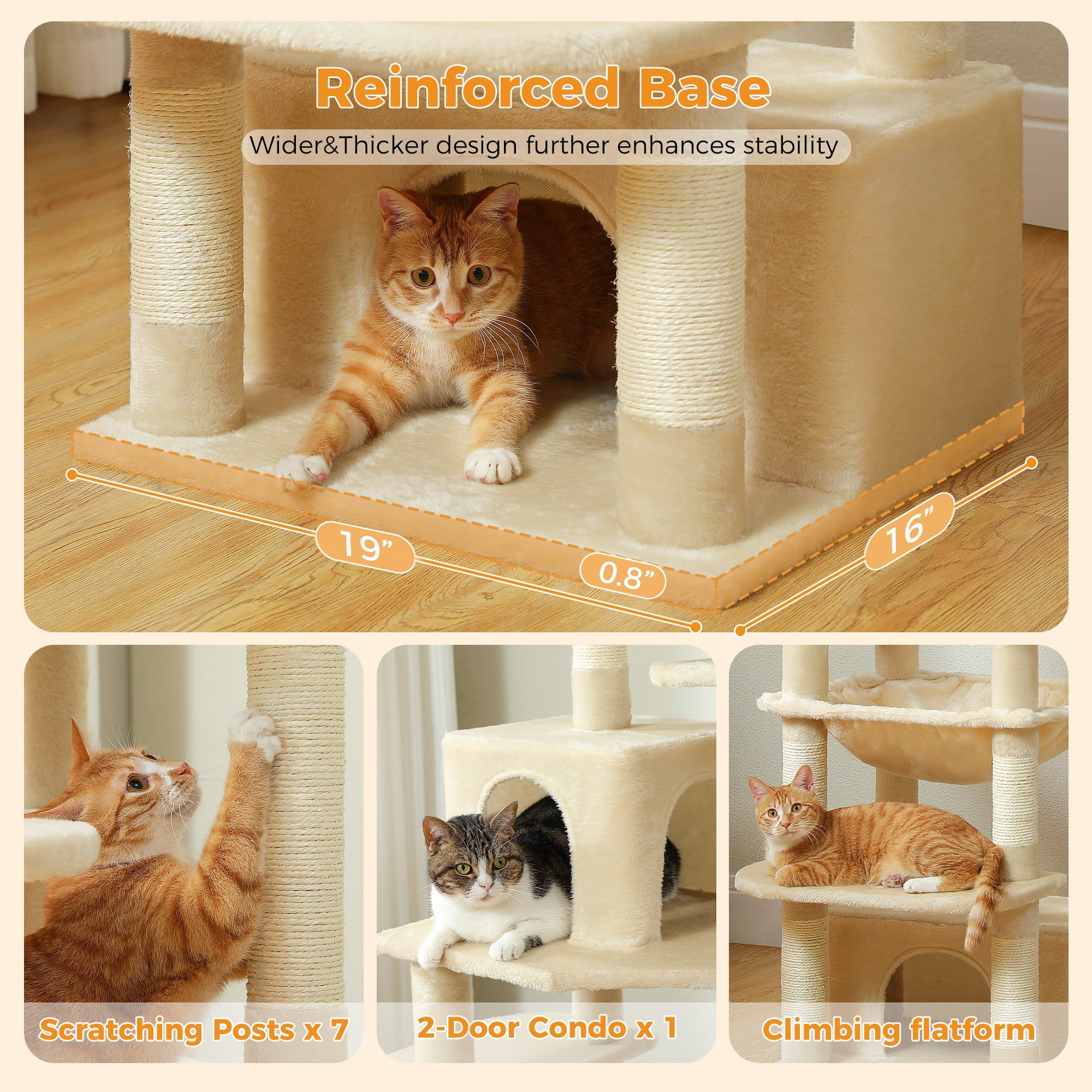 resenkos 64" Modern Cat Tree Tower for Indoor Cats, Cat Condo with Sisal Scratching Post, Hammock and Top Perch, Beige