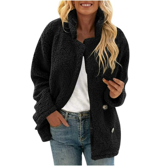 Vinsonshop Sherpa Jacket Women Plush Jackets for Women Pea Coats for Women Fuzzy Jackets for Women Teddy Fleece Jacket Women Winter Clothing for Women Warm Winter Jackets for Women Black L