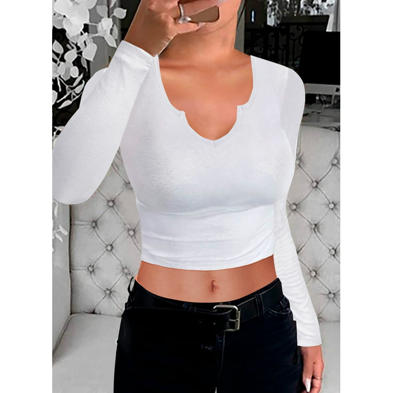 Vafful Women's Long Sleeve T Shirts Ribbed Sexy Basic V Neck Long Sleeve Tee  for Womens Slim Fit Solid Color Crop Top White 