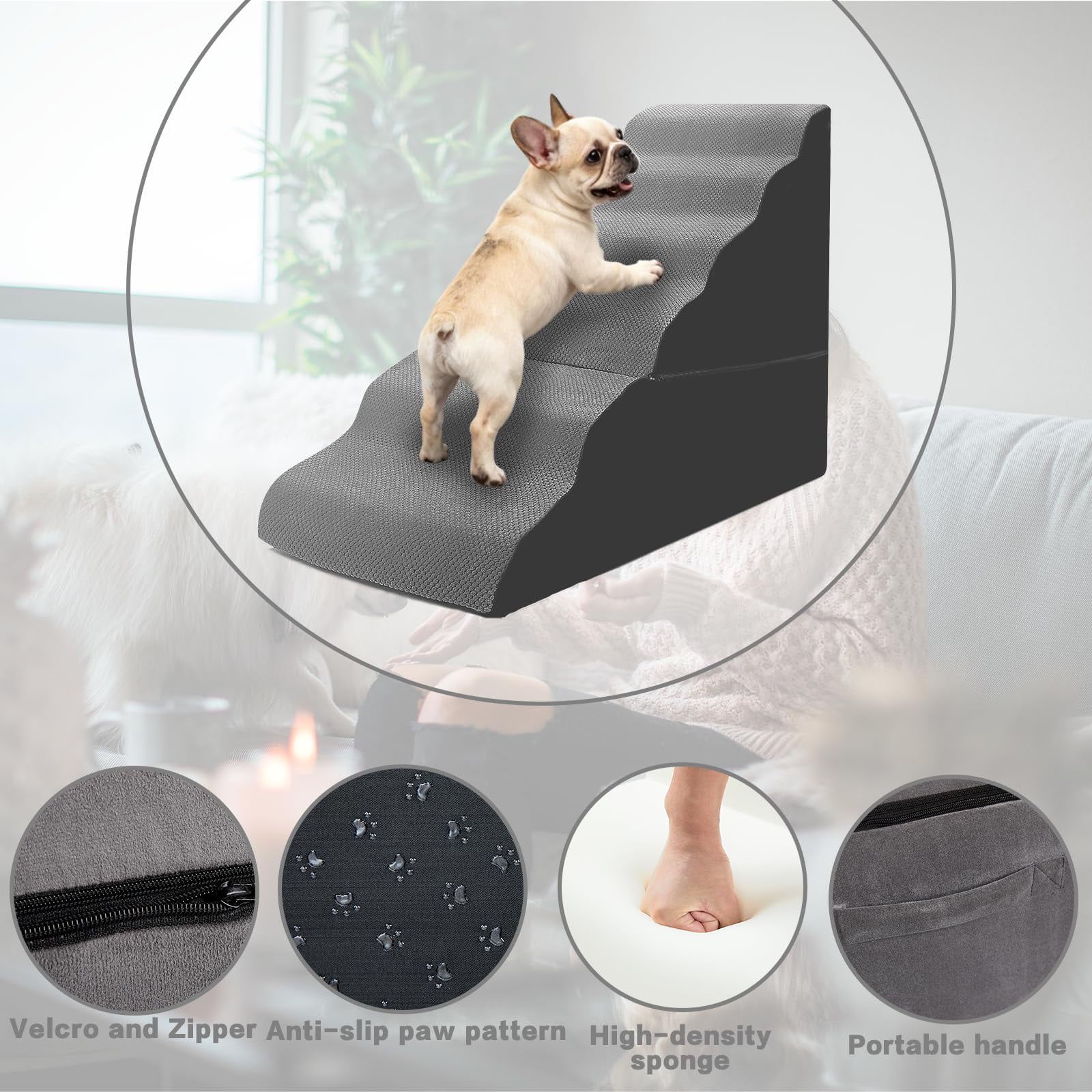 High Bed Dog Stairs 30‑36 Inch Height, 6‑Tier Foam Pet Steps Ramp for Small Large Senior Dogs & Cats, No‑Assembly Soft Foam Dog Stair with Washable Cover for Bedroom Use, Grey