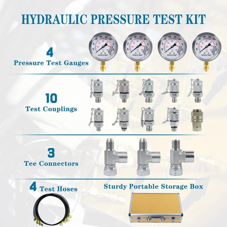 SINOCMP Hydraulic Pressure Gauge Test Kit - 4 Gauges, 4 Hoses, 10 Couplings, 3 Tees For Excavators & Machinery (Gold Case)
