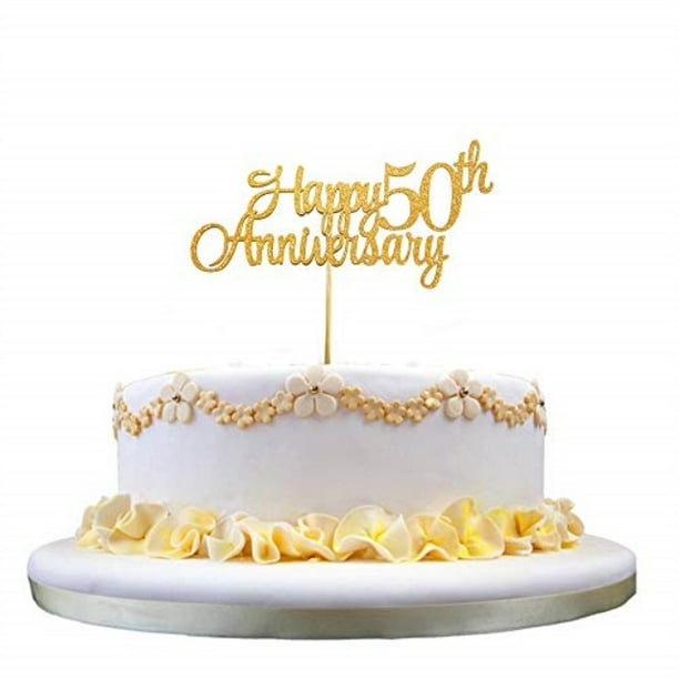 glittery gold happy 50th anniversary cake topper for 50th birthday party, 50th anniversary party