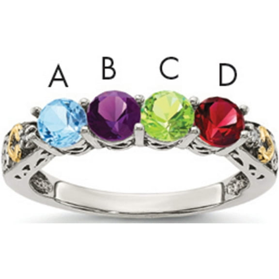 14K/Silver Two-Tone Sterling Silver & 14K Four-Stone And Diamond Mother's Ring Semi-Mount (Size 9) Made In Thailand qmr23/4-9