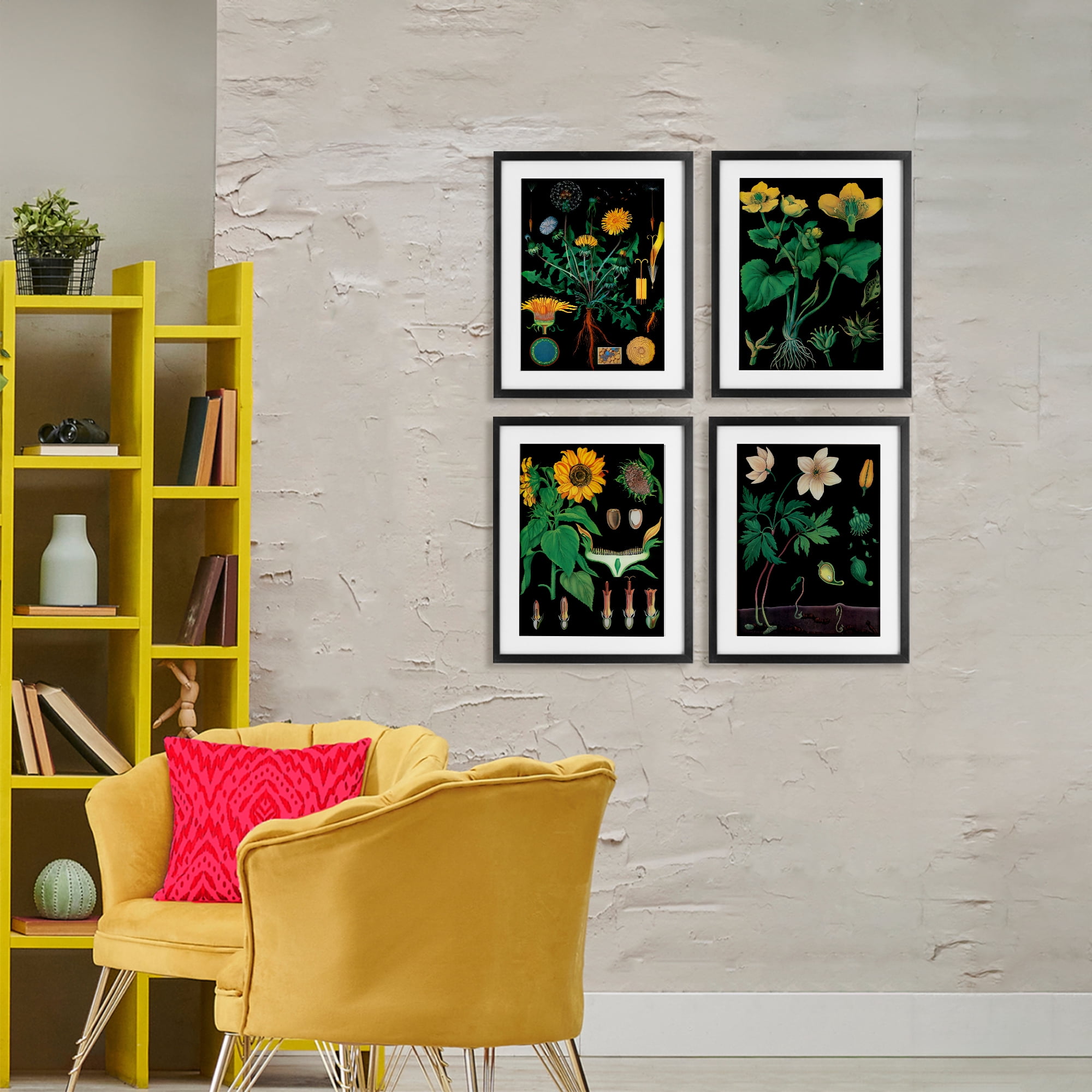 Stupell Industries Botanical Illustrations on Black 4 Piece Black Framed Print Under Glass Set, design by Vintage Hustle