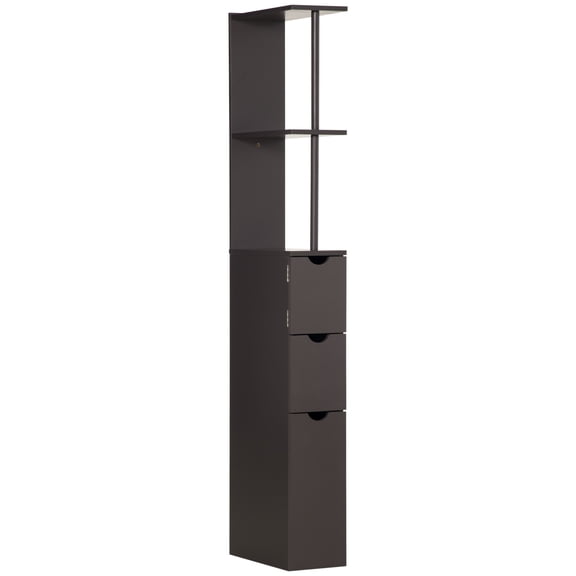 HOMCOM 54" Brown Freestanding Bathroom Linen Tower Cabinet with 2-Tier Shelf & Drawers - Narrow Side Floor Organizer for Small Spaces, MDF, 6"W x 13"D