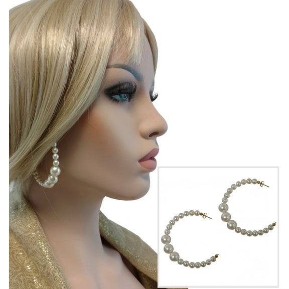 Large White Beaded Faux Pearl Big Hoop Earrings 2 1/2"