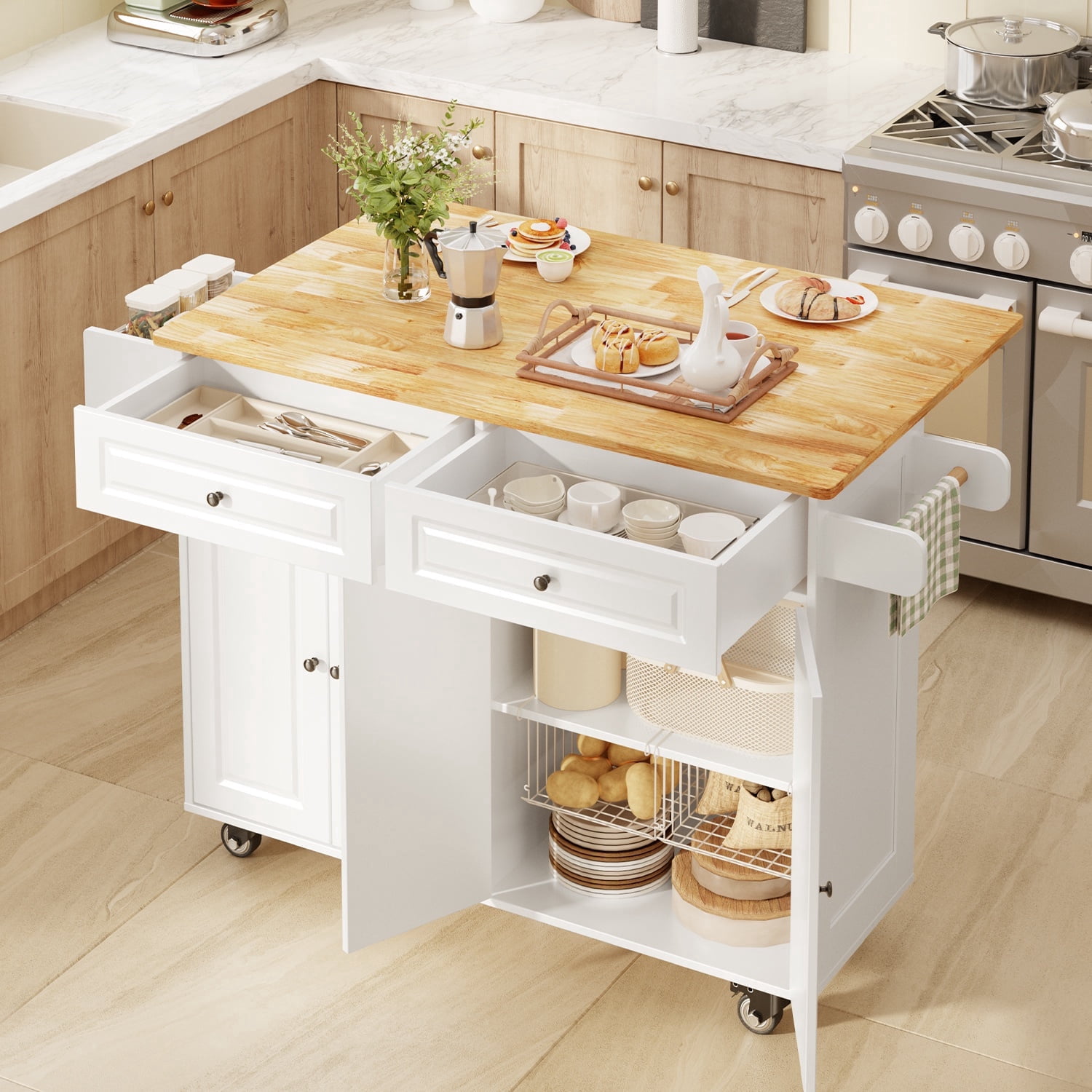 Noelse Rolling Kitchen Island Table with Storage, Drop Leaf Countertop, Kitchen Island with Rubber Wood Top, Cabinets & Rack, White