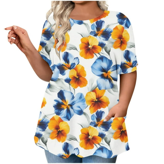 Blouse à Manches Courtes pour Femmes, Grande Taille, Col Rond Décontracté avec Poches Doubles, Tissu Polyester, Tenue Printemps Été