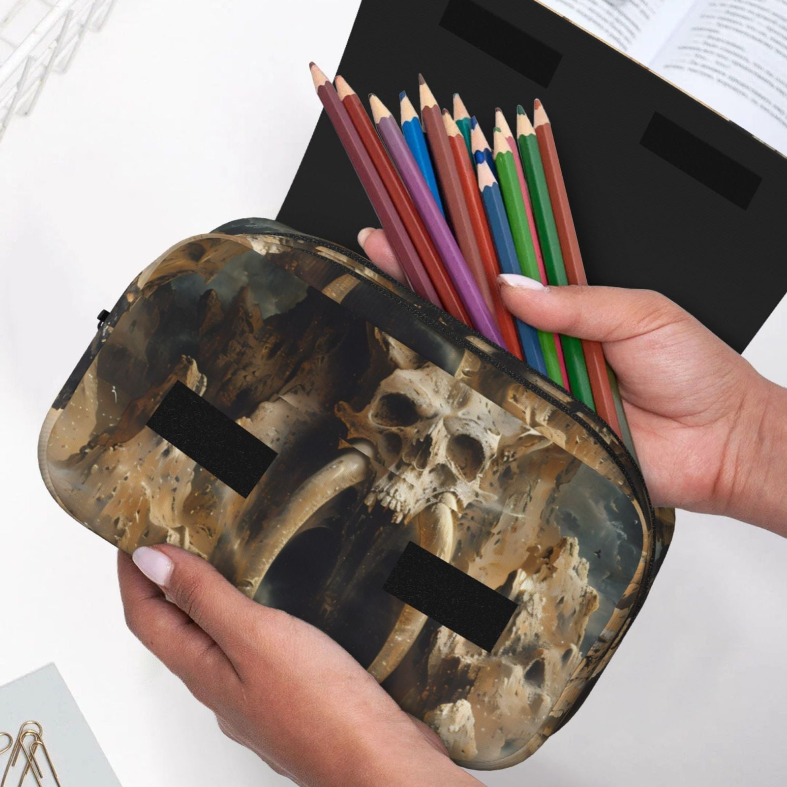 Rateoe Ancient Skull Cave Landscape Pattern Double Clamshell Pen Case, Storage Organizer with Two Zipper Compartments– Holds Up to 50 Pencils & Pens