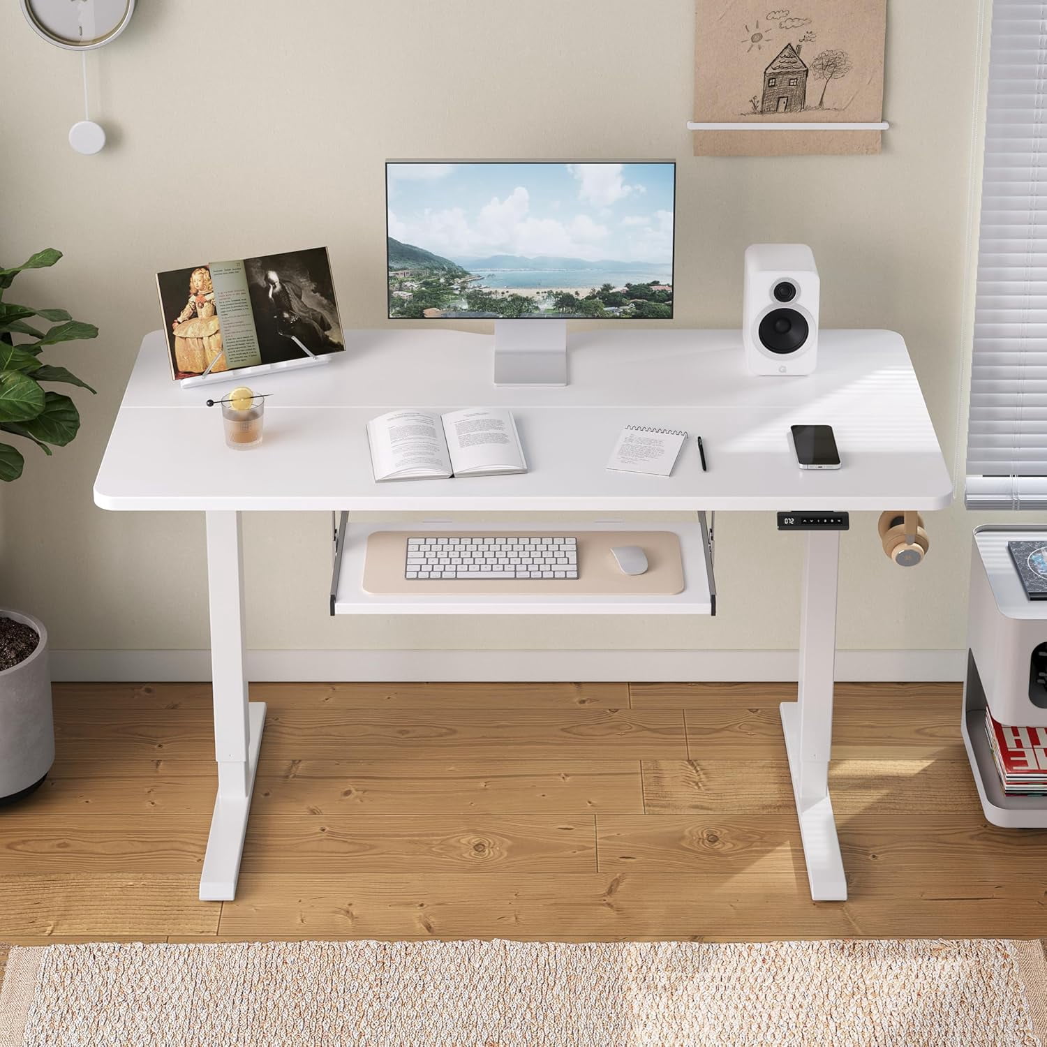 DESINO Standing Desk with Keyboard Tray, 48 x 24 inch Height Adjustable Electric Standing Desk, Sit Stand Up Desk, Computer Office Desk, White
