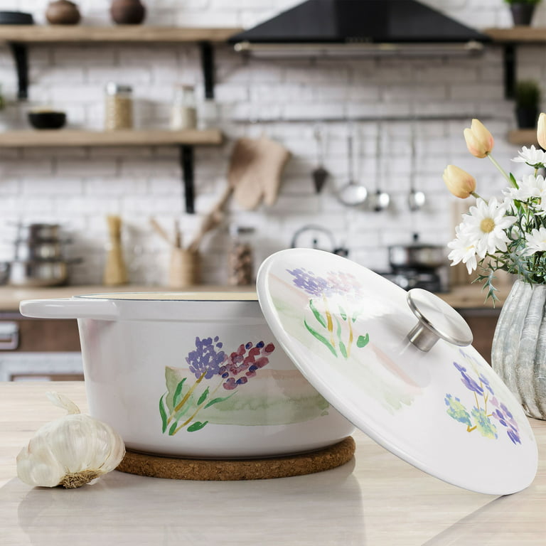 Floral Enamel on Cast Iron 2-Quart Dutch Oven with Lid Linen
