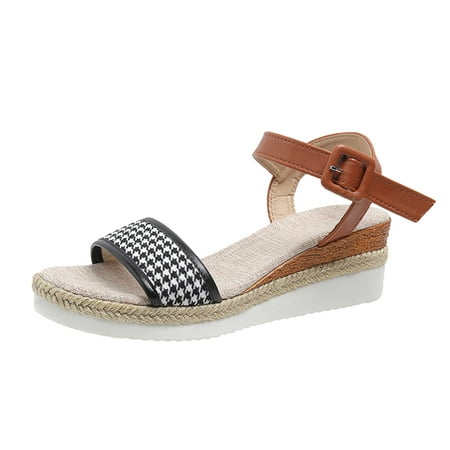 

Cathalem Ladies Fashion Summer Thousand Bird Checker Fabric Clasp Wedge Heel Thick Sole Sandals Black 38