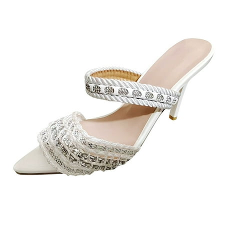 

SEMIMAY Ladies Fashion Summer Color Cloth Knit Rhinestone Decorative Pointed Thin High Heeled Sandals White