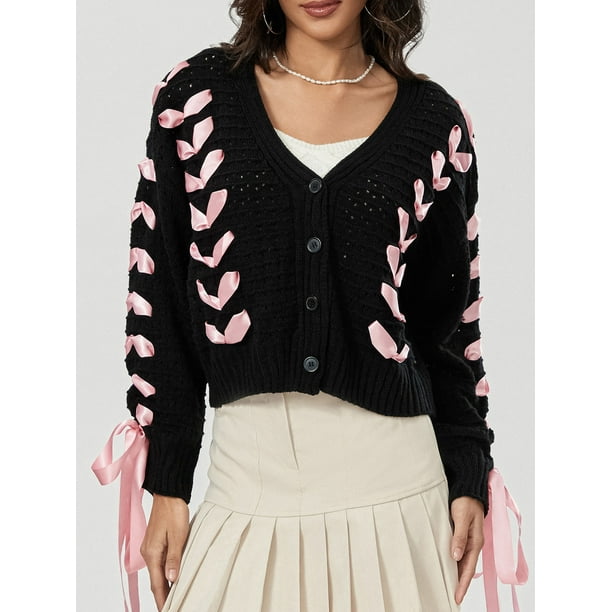 Gupgi Women Knit Cardigan Long Sleeve V-Neck Ribbon Tie Up Bow