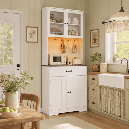 Aiho Kitchen Pantry Cabinet with Countertop Kitchen Hutch Storage Cabinet 71" Tall Pantry Coffee Bar with Storage, Modern Kitchen Hutch with Microwave Stand for Dining Room, Kitchen - White+Grey