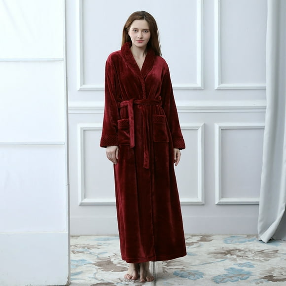 LSLJS Women Solid Thicken Velvet Robe Bathrobe Gown Pajamas Sleepwear Pocket Waistband, Robes Gifts for Women