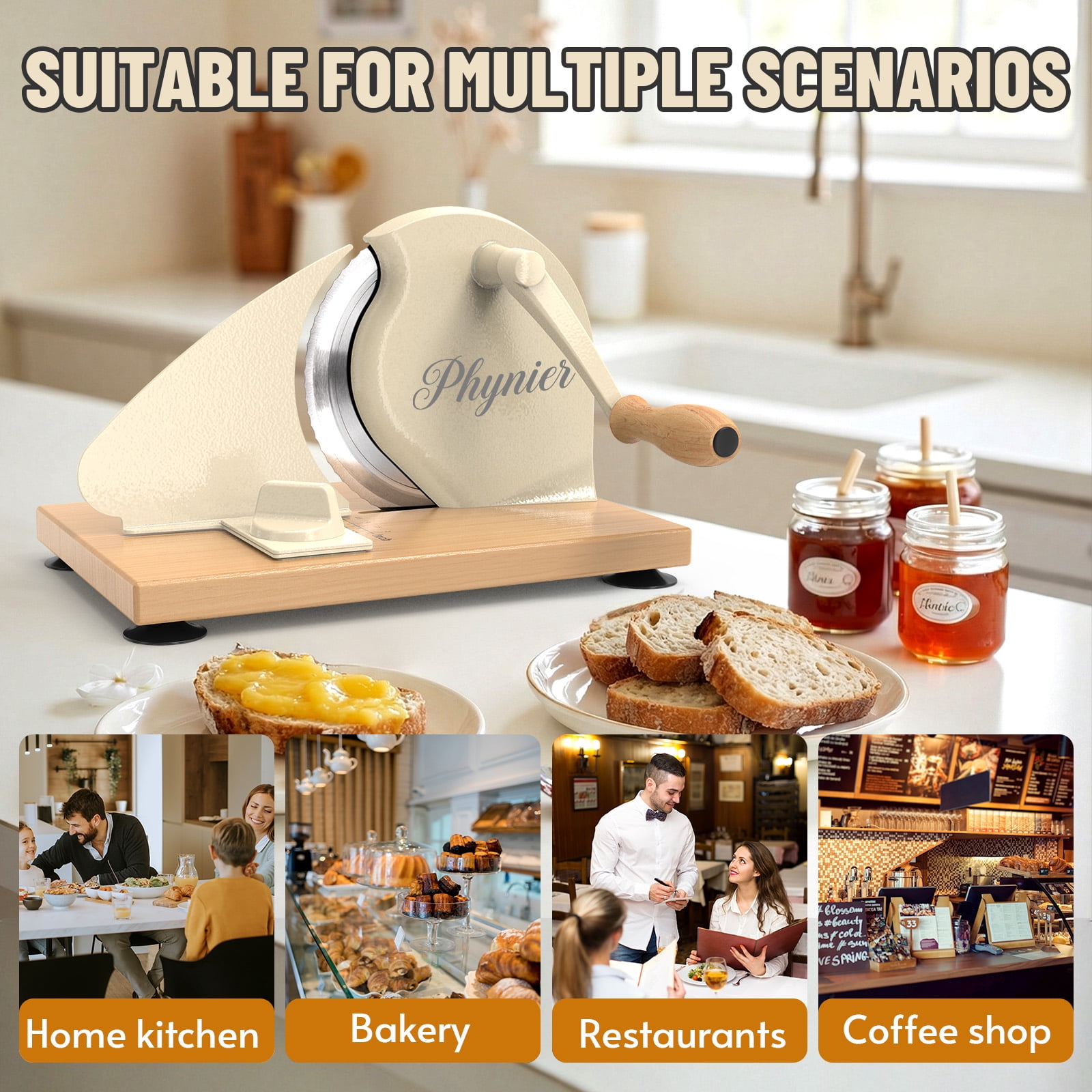 Manual Bread Slicer for Homemade Bread, Sourdough Bread Slicer with Hand Crank, Clear Scale Line, Non-Slip Suction Base & Sharp Blade, Adjustable Thickness and Evenly Slicing