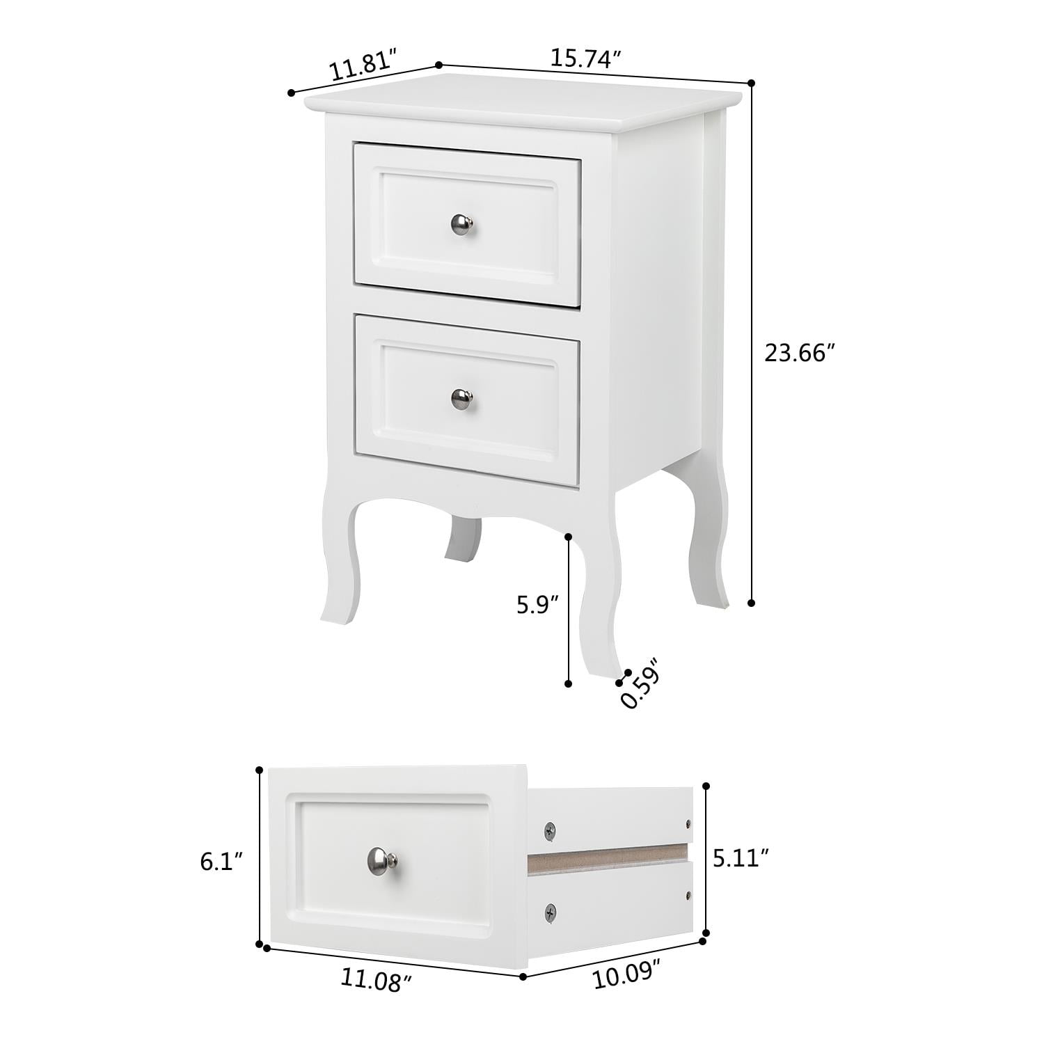 UBesGoo Nightstand, 2-Drawer Bedside Table, Wood End Side, Country Style Set of 2,White