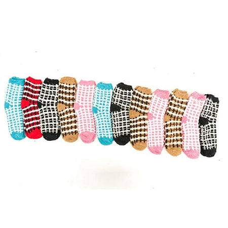 Stock Pattern (12 Pairs Womens Fuzzy Socks with Grippers, Non-Skid Patterned Colorful Striped Soft Furry Slipper)