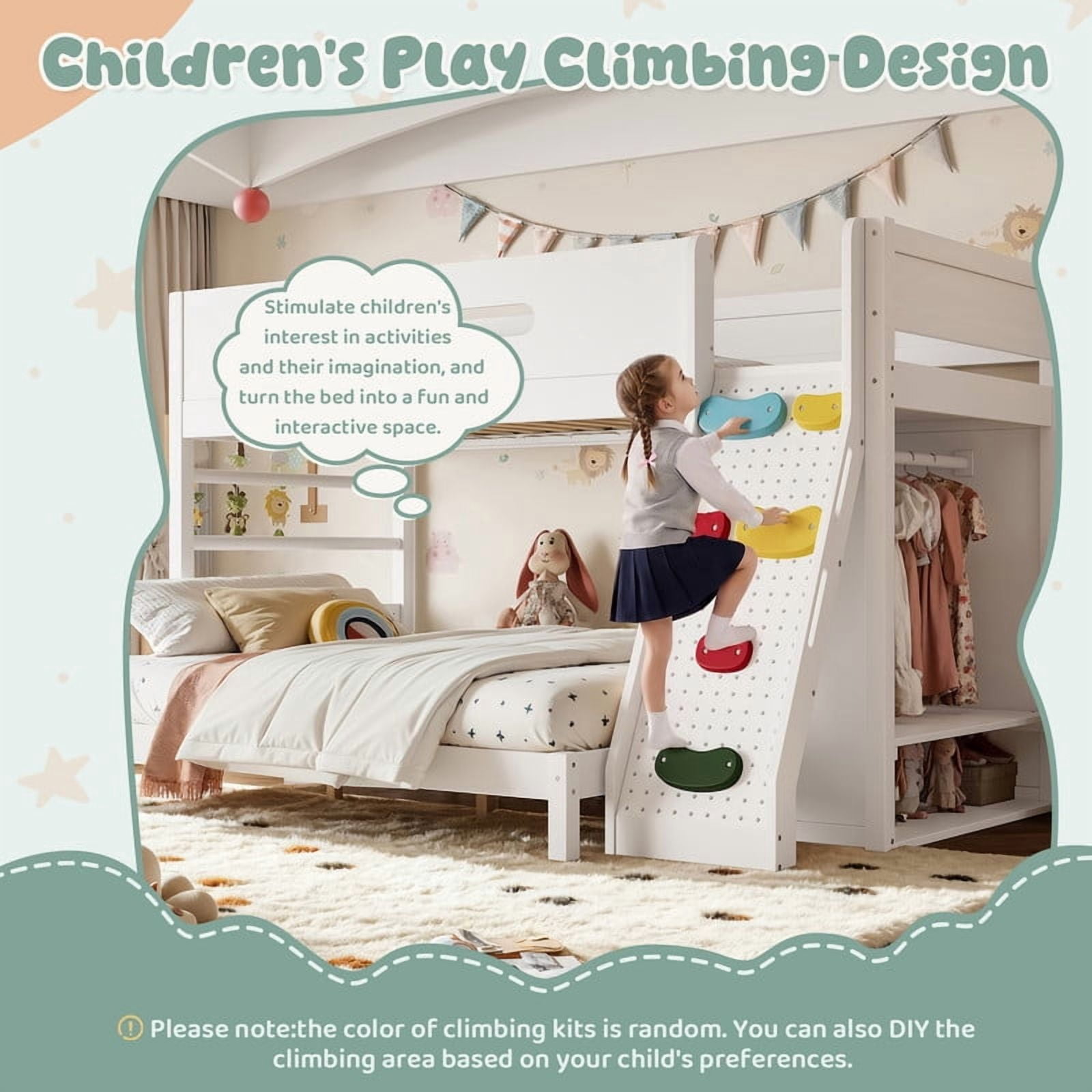 Twin XL Over Queen Bunk Bed with Built-In Wardrobe & Storage, Solid Wood Kids Bunk Bed with Guardrails, Rock Climbing Wall & Upgraded Slats, No Box Spring Needed