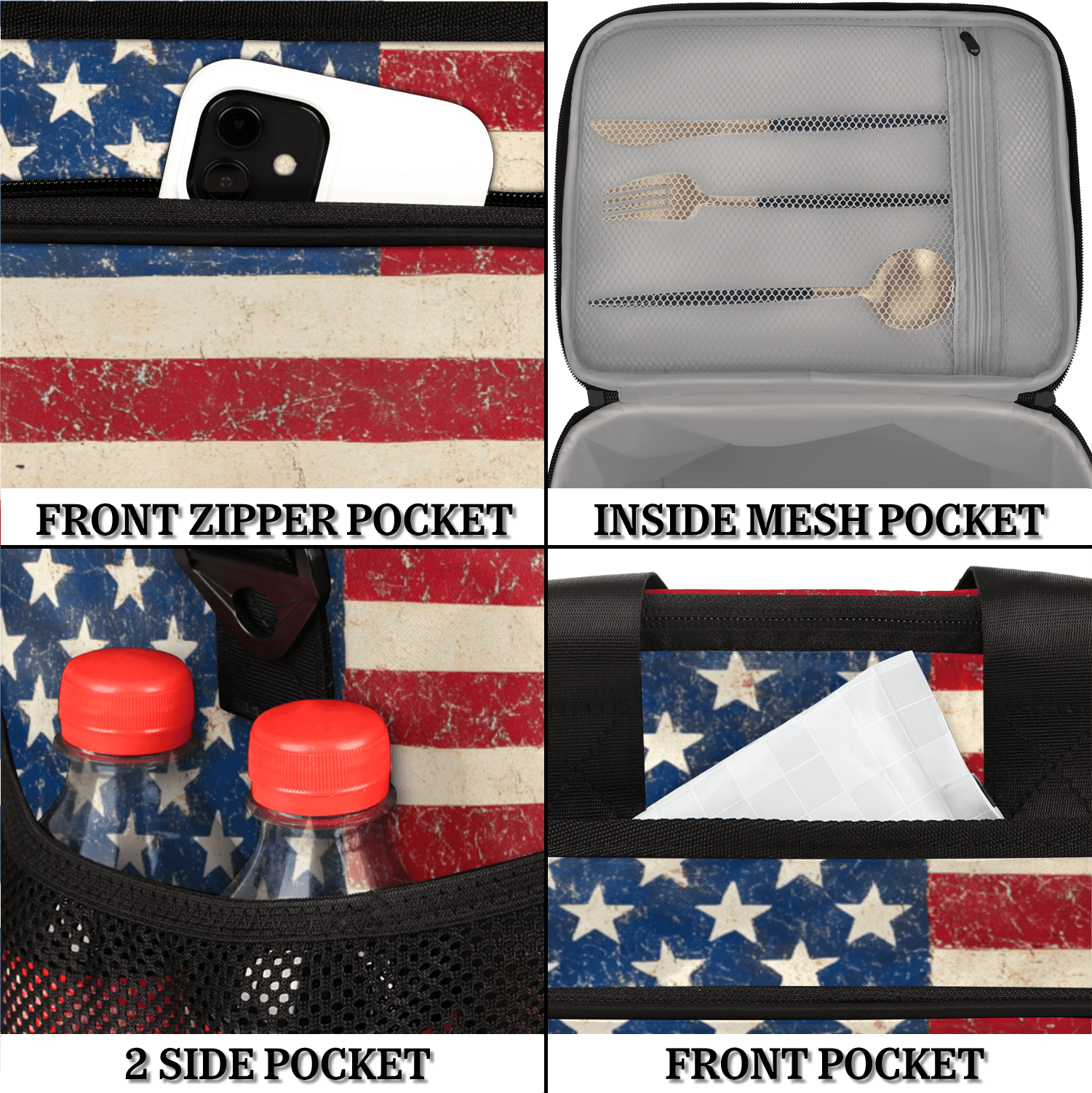 Herdesigns American Usa Flag Large Insulated Lunch Box for Adults Women Men with Adjustable Shoulder Strap, 4th July Independence Day Reusable Cooler Lunch Bag for Offices Picnic Hiking Beach
