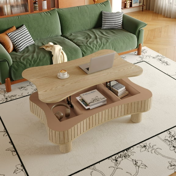 LiviNest Lift Top Coffee Table with Storage: Silent Hydraulic Lift Desk - Rustic Natural Wood Fluted Panel Hidden Compartments for Small Space Living Room & Home Office