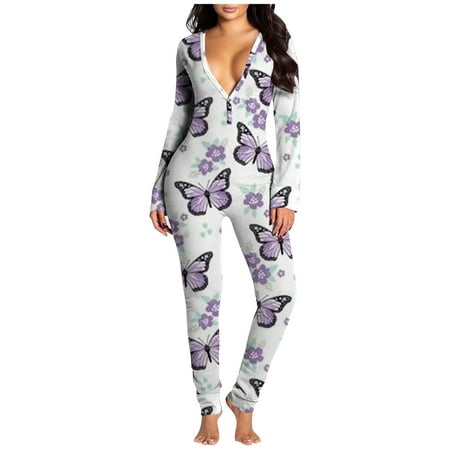 

Womens Onesie Pajamas Sexy Deep V Neck Print Long Sleeve Butt Button Flap Adults Sleepwear Romper Bodysuit Jumpsuit Ladies Clothes
