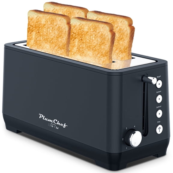 Plum Chef 4 Slice Toaster, Long Extra-Wide Slots for Bagels & Waffles, 6 Browning Levels, Bagel/Stop/Defrost/Reheat Functions & Removable Tray, Kitchen Gadgets, Stainless Steel, Black