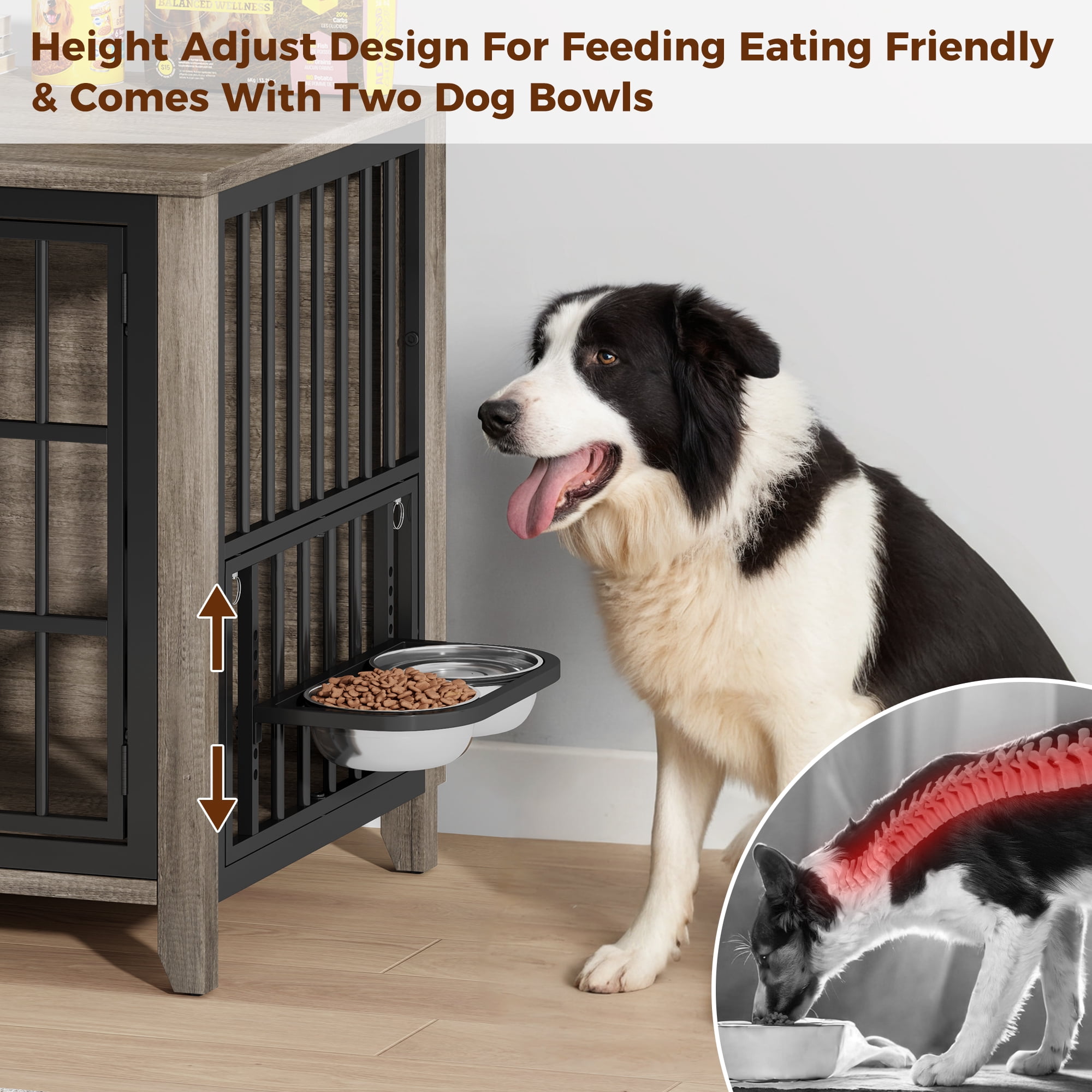 Aufeile Dog Crate with 2 Adjustable Dog Bowls, 37.7" Dog Kennel for Inside, Ideal for Medium to Large Breeds Up to 75 lbs, Gray