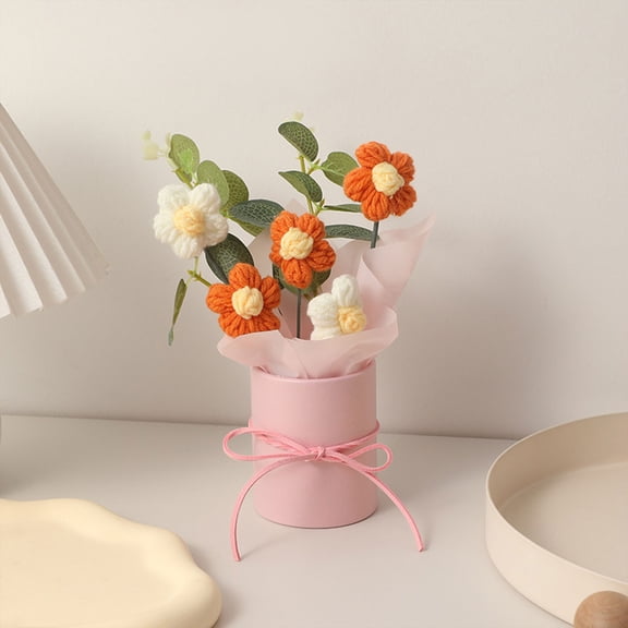 Knitted Flowers Verdsylv Finished Knitted Crochet Flower Bouquet in Vase - Forever Floral Arrangement for Mom Birthday, Mother'S Day - Small Puff Bouquet Home Decor - Handmade & Lifelike