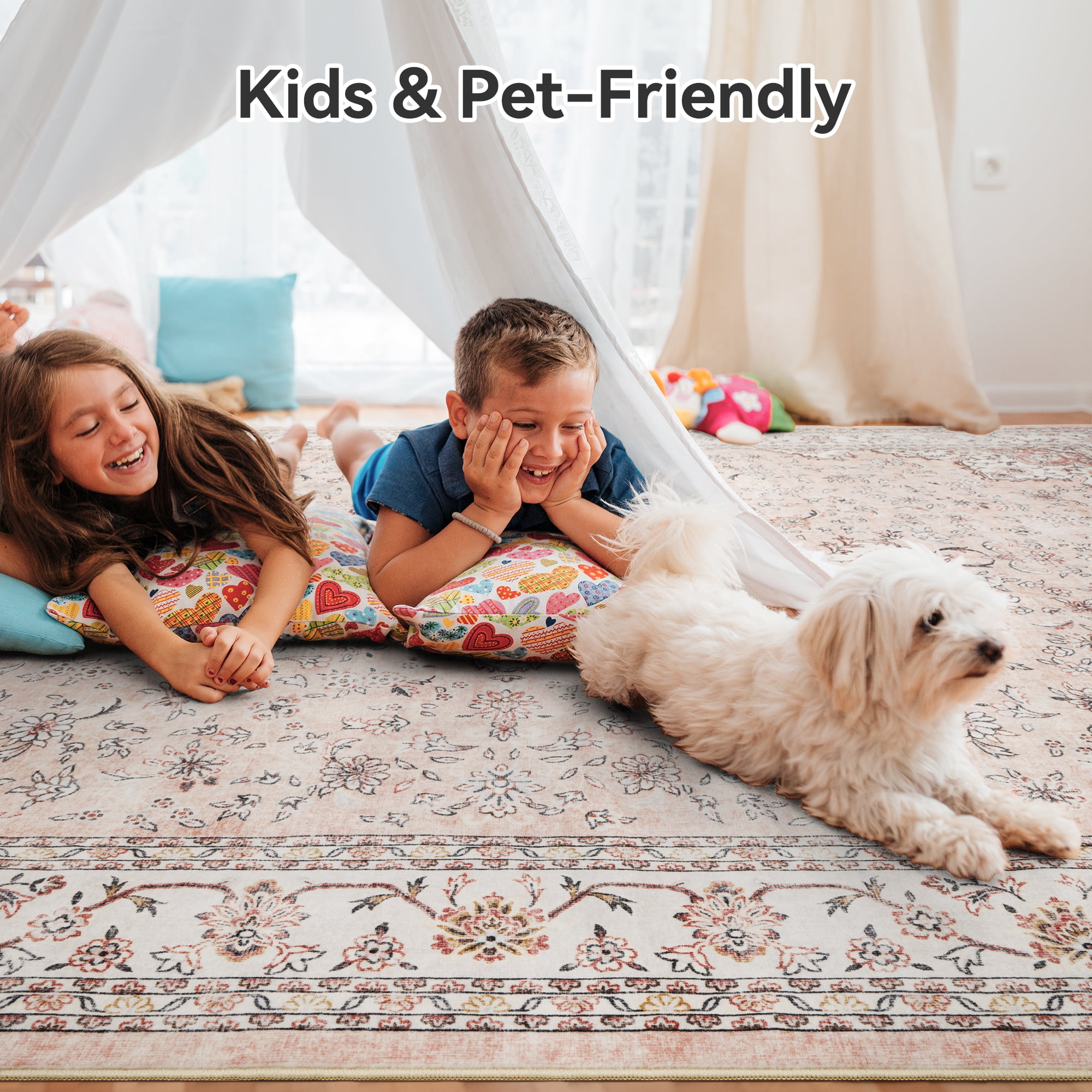 SIXHOME 9x12 Feet Washable Non-Slip Area Rug - Traditional Distressed Vintage Pink Rug with Retro Floral Design, Ultra-Soft Indoor Large Carpet for Living Room, Bedroom, Dining Room