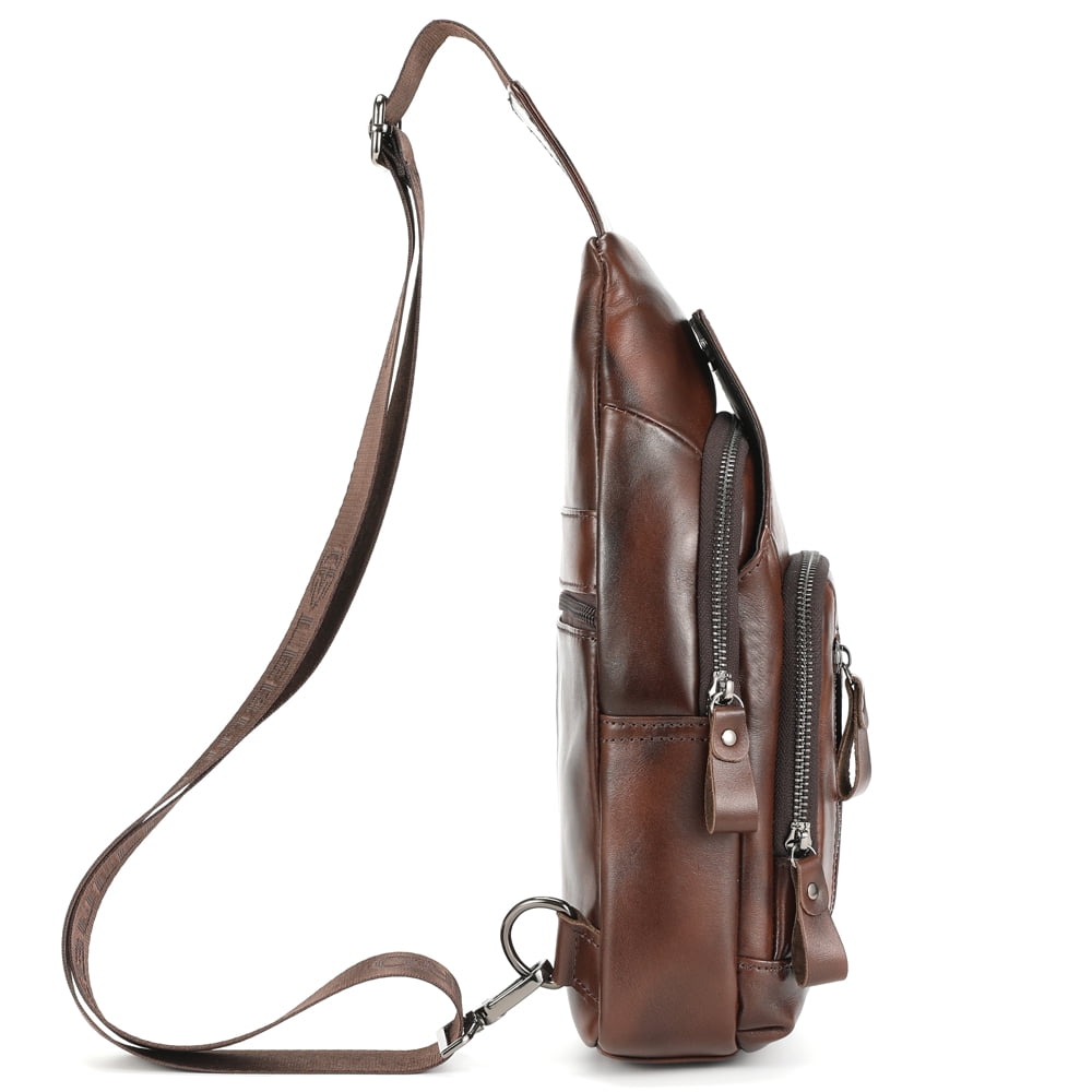 LEBULLBRO Sling Bag for Men Genuine Leather Chest Bag Crossbody Backpack Travel Hiking Outdoor Sports Brown Coffee