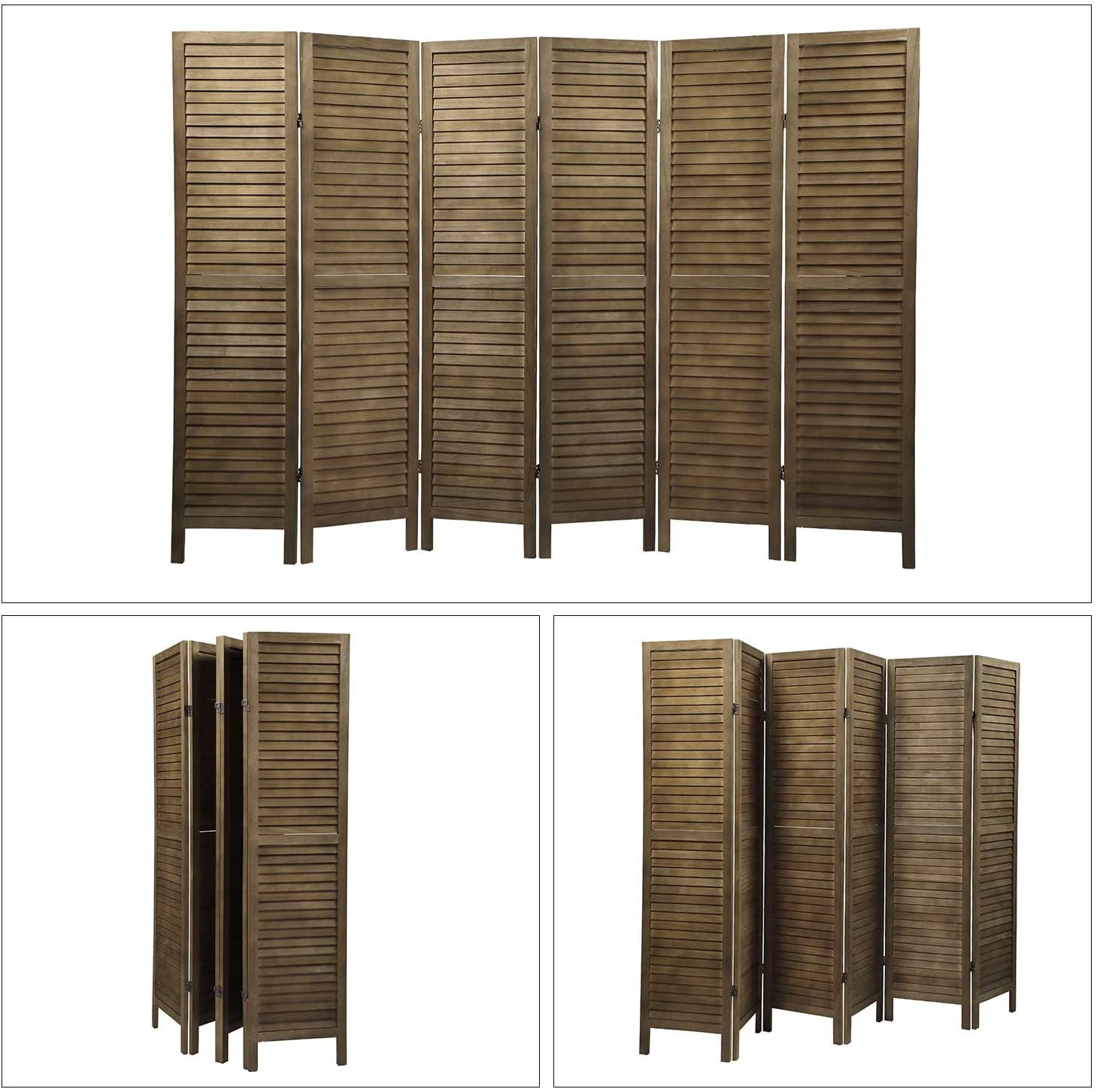 6 Panel Wood Louvered Room Divider, 5.6 Ft Tall Folding Freestanding