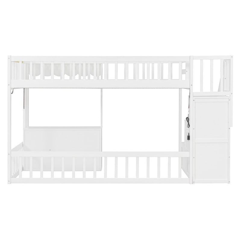 Twin Size Playhouse Kids Loft Bed with Eaves Design, Wood Child Bed Frame with Storage Staircase, LED Light & Under Bed Cabinets