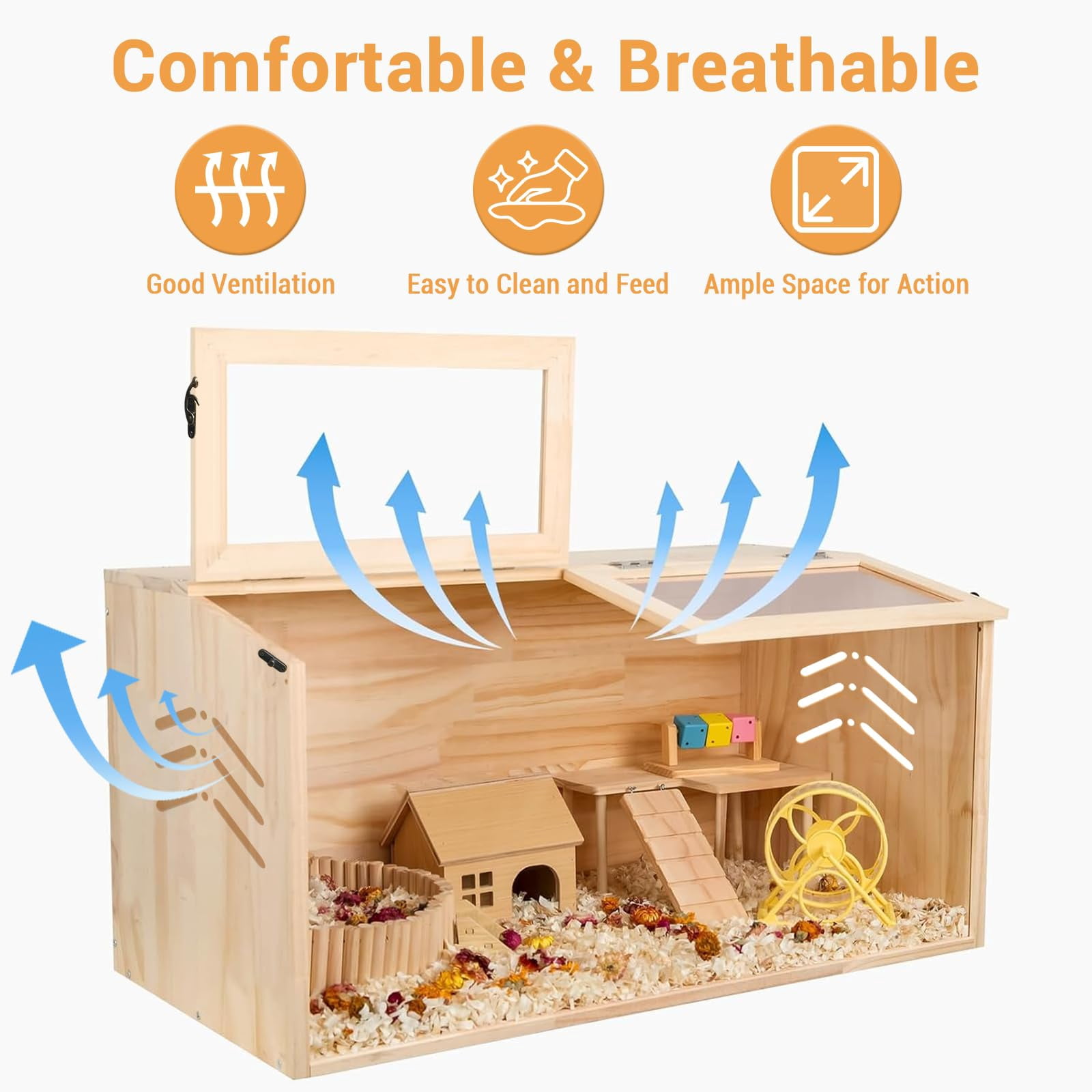 Hamster Cage, Chewproof Wooden Guinea Pig Cages, Mice and Rat Habitat with Openable Top & Transparent Acrylic Sheets