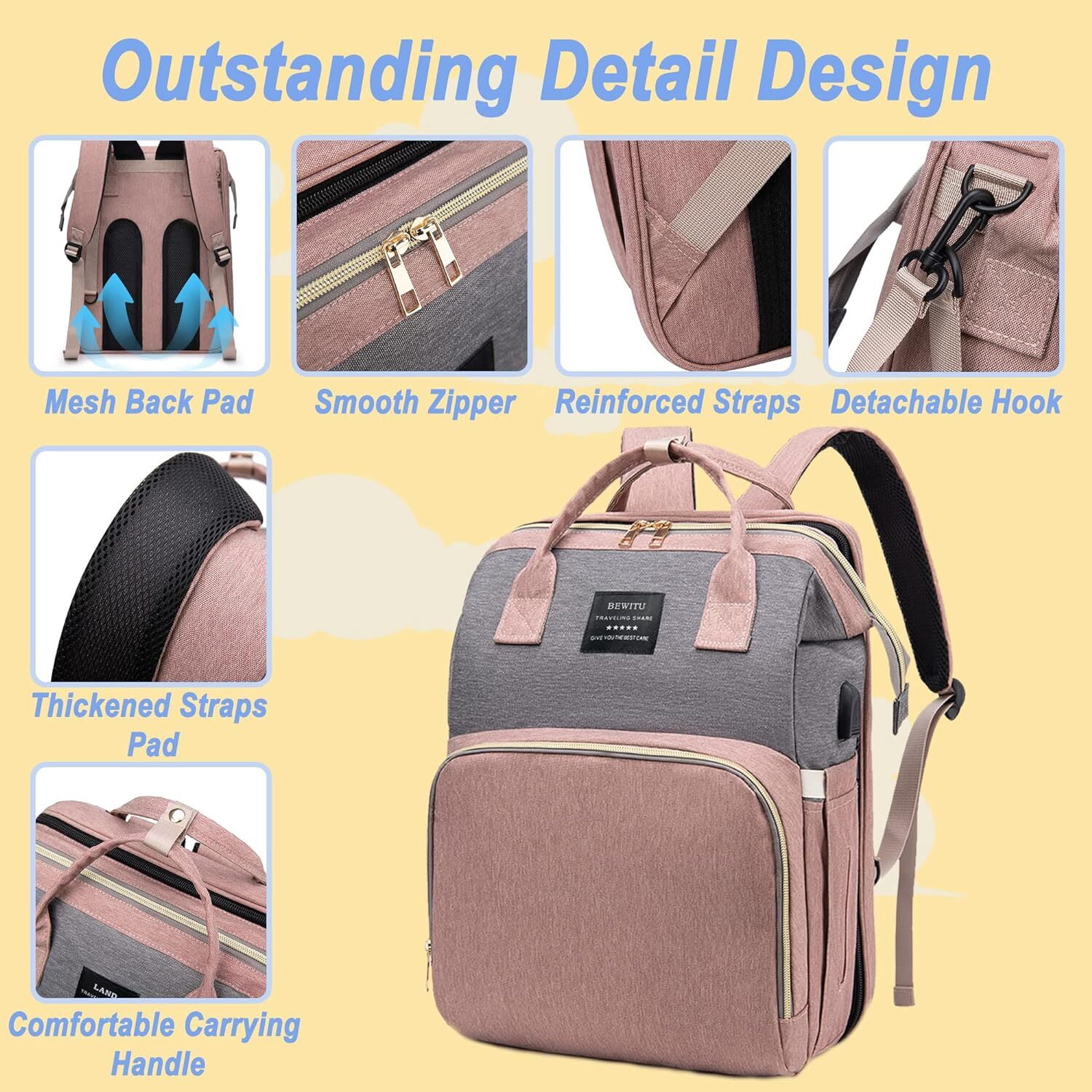 LQQBOX Diaper Bag with Changing Station,Diaper Bag Backpack,Girl Boy Diaper Bag,Large Capacity,900d Excellent Oxford(Ungrade Pink Grey)