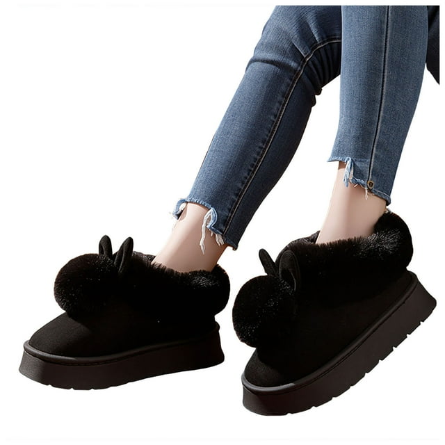Rokment Bottes d'Hiver Mignonnes avec Plateforme en Forme de Lapin pour Femmes, Intérieur et Extérieur, Temps Froid, Chaudes, en Mousse à Mémoire de Forme, Chaussons de Maison, Bottes à Enfiler, Noires, Taille 5.5