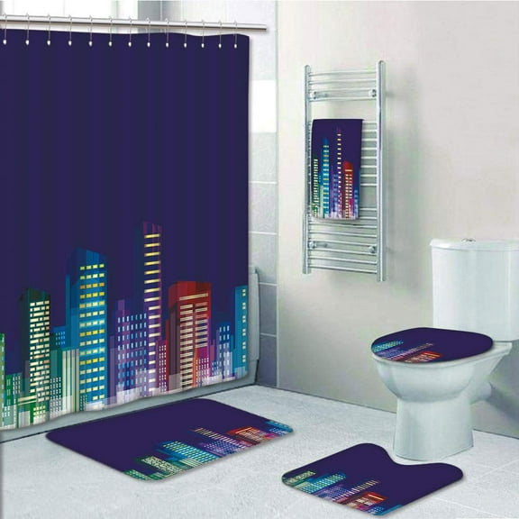 PRTAU Cartoon of City Scenery Landscape of Apartments Buildings 5 Piece Bathroom Set Shower Curtain Bath Towel Bath Rug Contour Mat and Toilet Lid Cover
