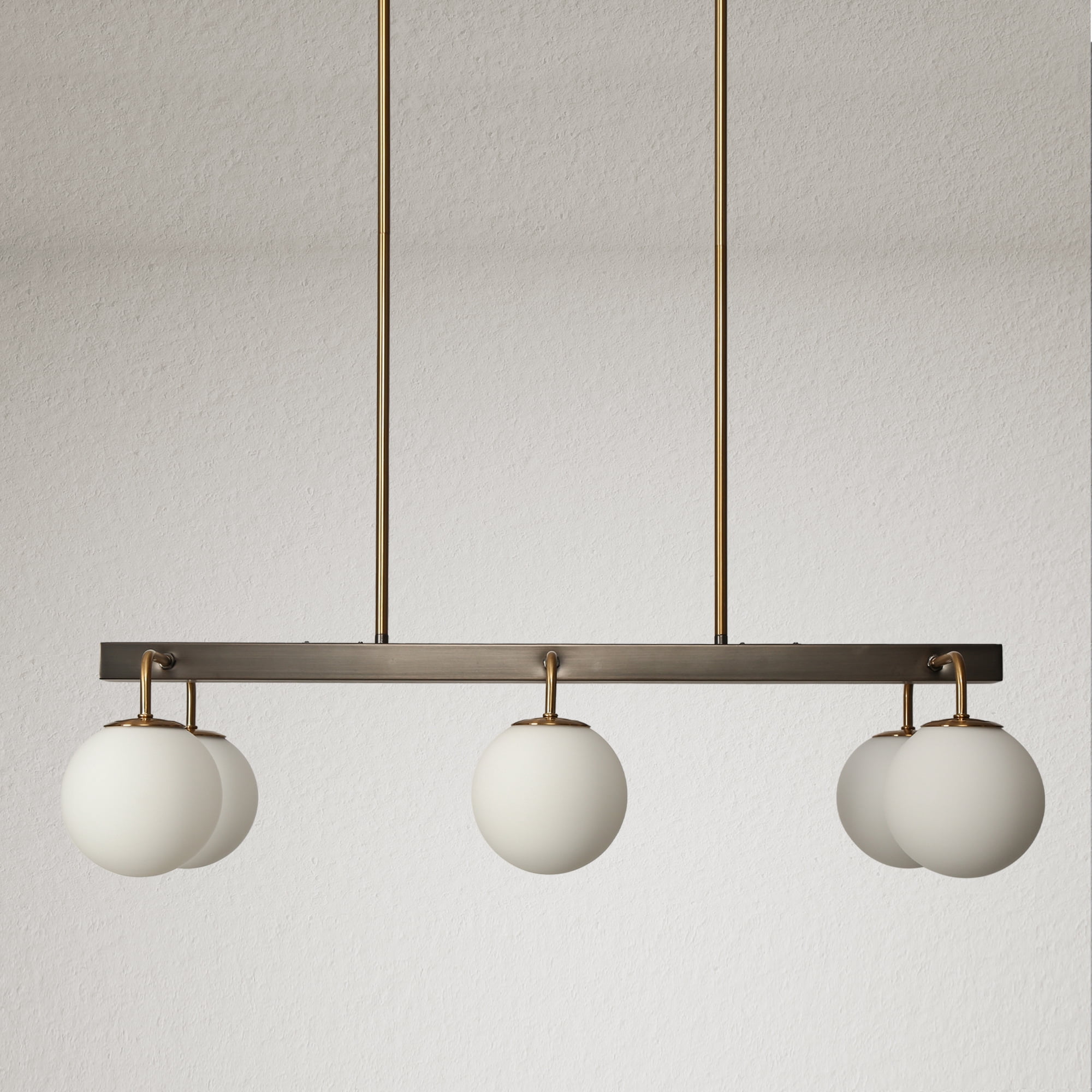 LNC Aladarimostinin 6 -Light Polished Brass and Brushed Black Modern/contemporary Opal glass Linear Large Hanging Kitchen Island Light