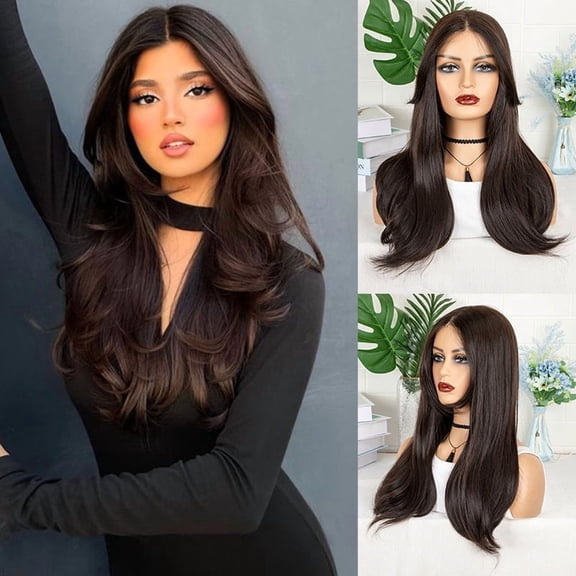 Women's front lace synthetic fiber wig, French bangs, center parting, slightly wavy hair realistic style