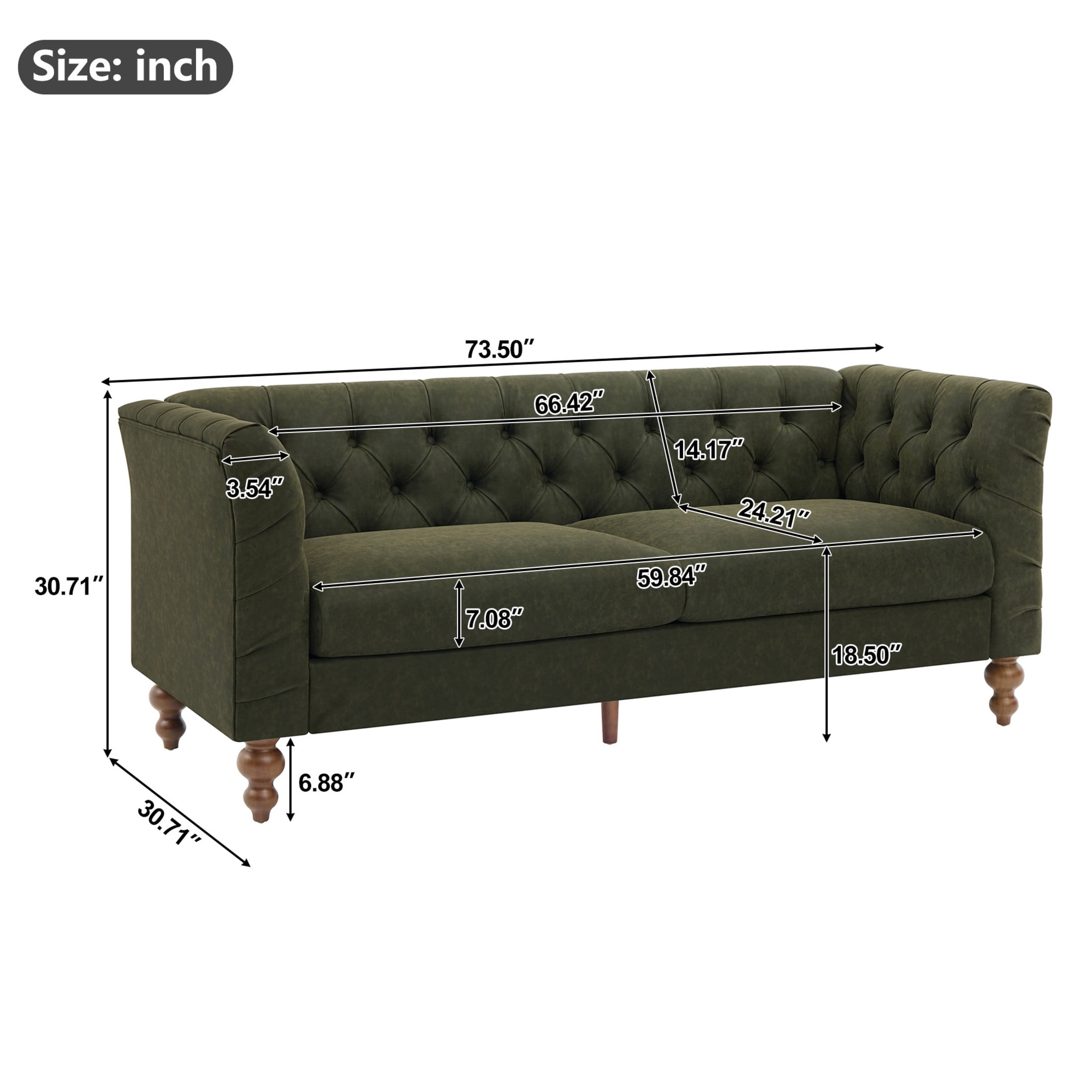 Christopher Knight Home 73.5" Chesterfield Sofa, Tufted PU Leather Couch with Flared Arms, Green